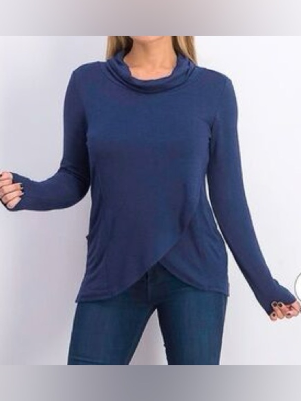 Magnolia Grace Navy Cowl Neck Tulip Hem Top - Size L